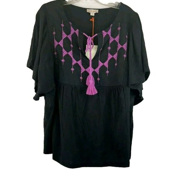 NWT Knox Rose Baby Doll Style Black Top Purple Embroidery Tassels Plus Size XXL - Picture 2 of 13